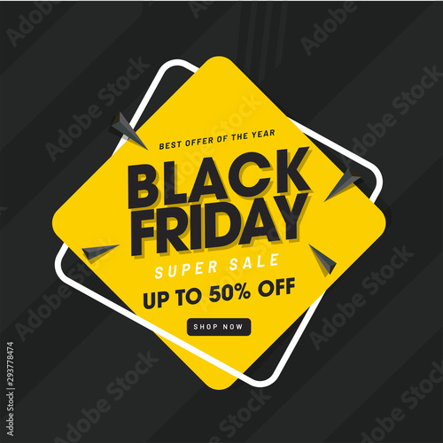 Black Friday Sale with 50% discount offer,  abstract elements on black background.