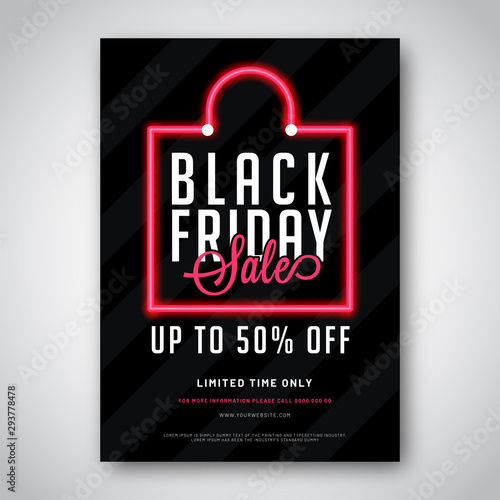 Advertising template or flyer design for Black Friday Sale with 50% discount offer.