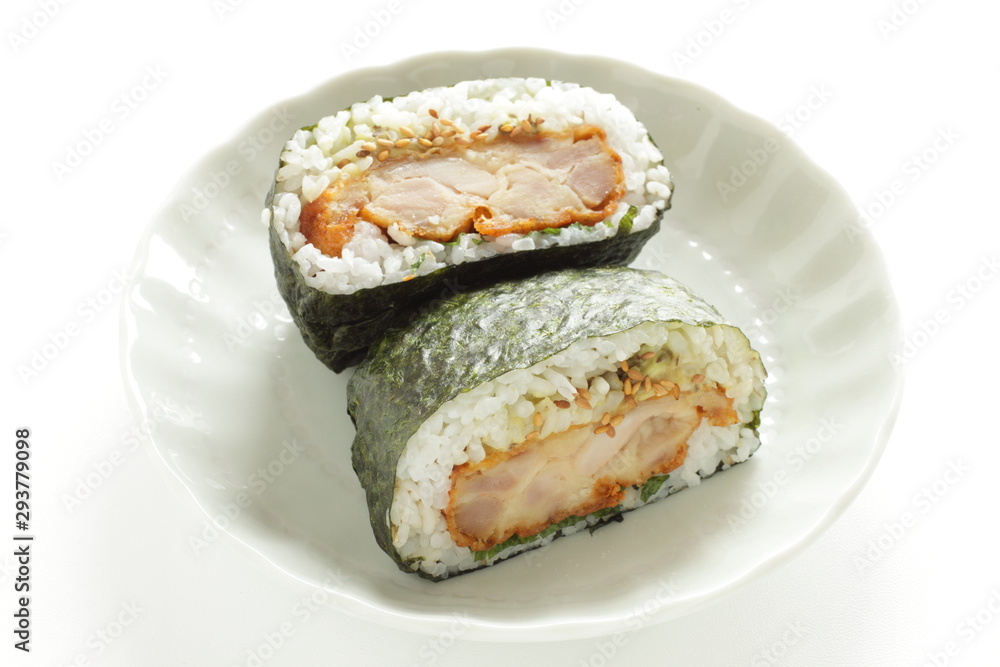 Japanese food, homemade fried chicken in rice ball with nori seaweed Japanese food, homemade fried chicken in rice ball with nori seaweed