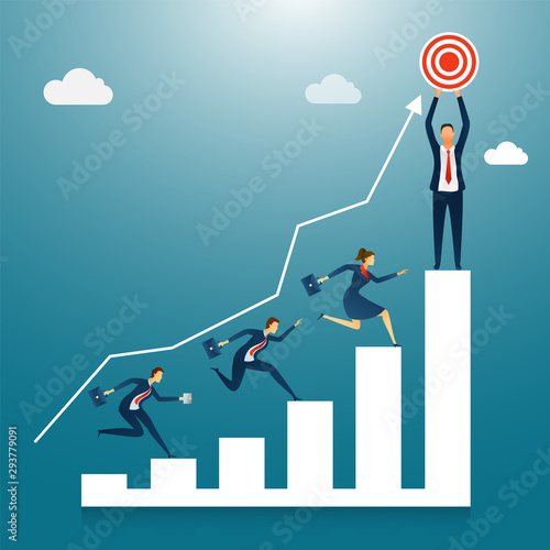 Business people running for the goal or success, one of them achieve the goal standing on column graph on shiny cloudy background.