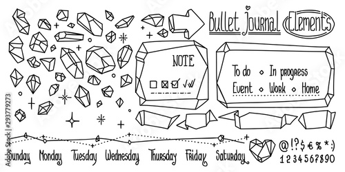Bullet journal crystal doodles. Hand drawn gemstones for notebook, diary. Cute Doodle isolated on white.