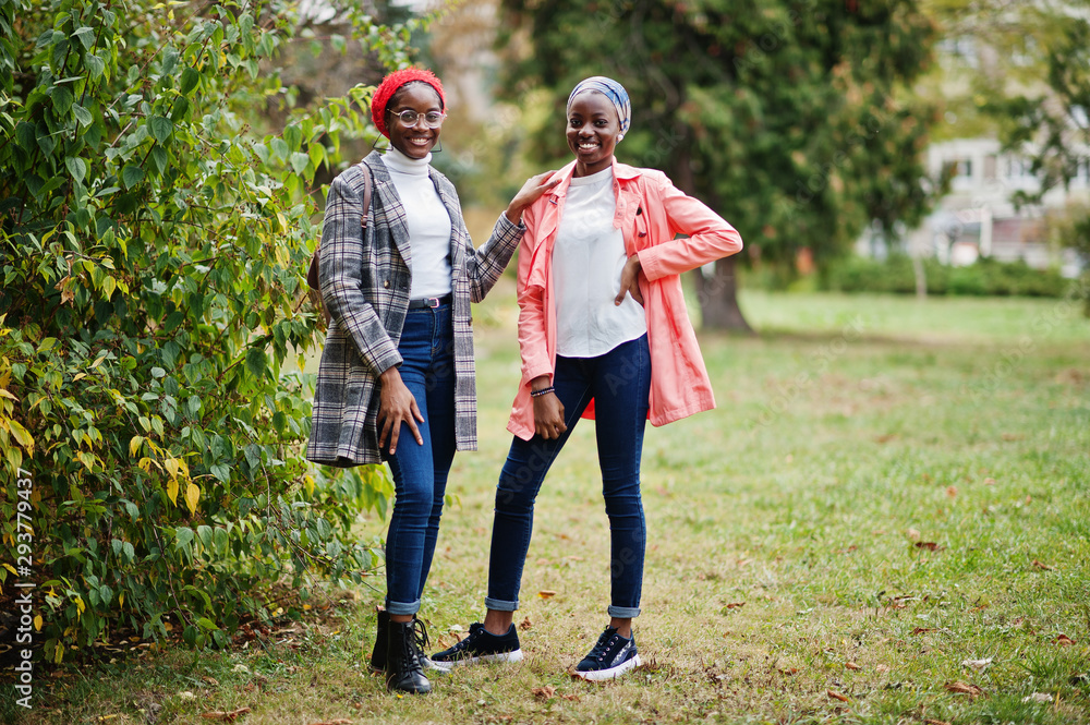 Two young modern fashionable, attractive, tall and slim african muslim womans in hijab or turban head scarf and coat posed at park together. Two young modern fashionable, attractive, tall and slim african muslim womans in hijab or turban head scarf and coat posed at park together.