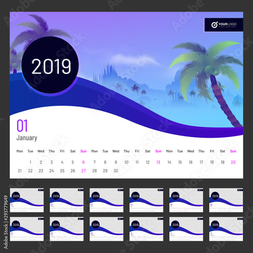 2019 calendar design, set of 12 months template with place for your image.