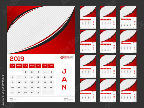 Template style wall calendar design for 2019 with place for your image.