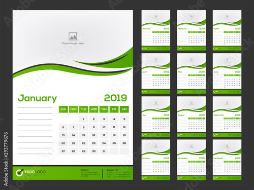 Vector illustration of 2019 wall calendar with place for your image, set of 12 months planner.