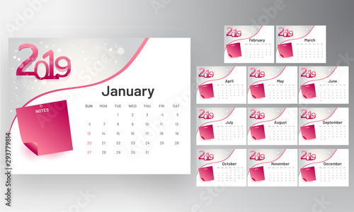 Set of 12 months, desk planner layout for 2019 with place for your important notes.