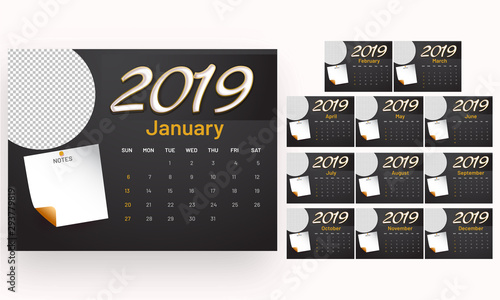 Complete set of 12 months, desk planner layout for 2019 with place for your image and important notes.