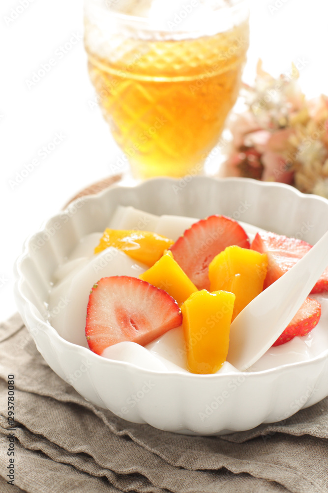 Chinese food, mango almond tofu and strawberry Chinese food, mango almond tofu and strawberry
