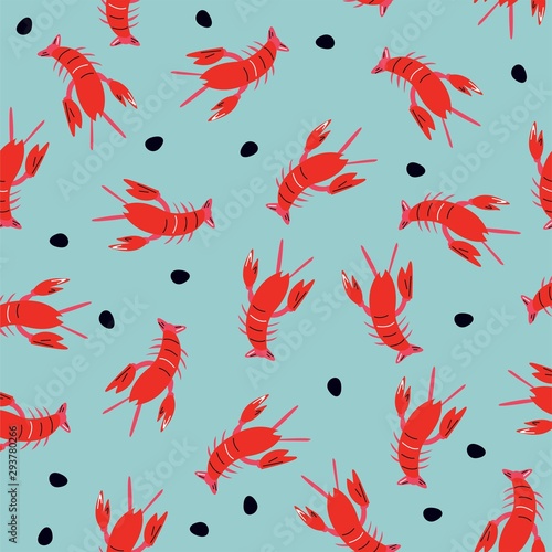 Seamless vector pattern with brown red crayfish. Cartoon summer background. © Daria