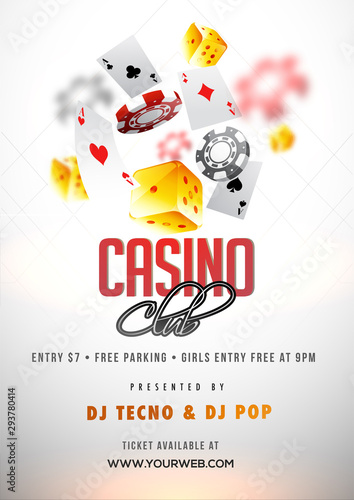 Shiny white Casino Club poster or flyer design with illustration of 3D casino elements.