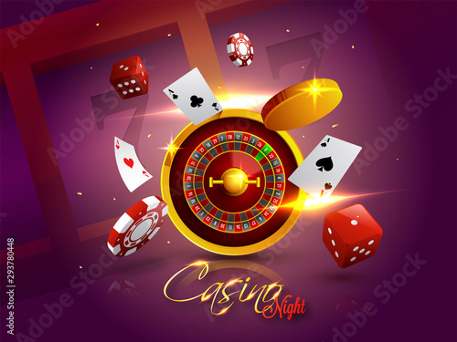 Casino Night background with 3D Chips, Coins, Dice, Roulette Wheel and Playing cards on shiny purple background.