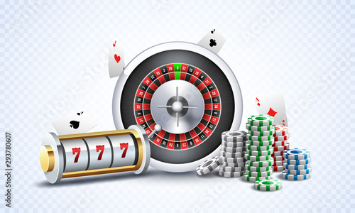 Realistic slot machine with roulette wheel, casino chips and playing cards illustration on white png background for gambling night party concept.