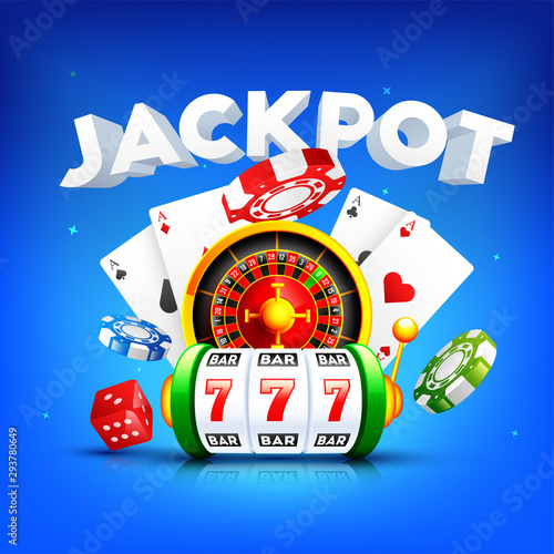 3D text Jackpot with roulette wheel, slot machine, playing card and casino chip on blue background for gambling night celebration concept.