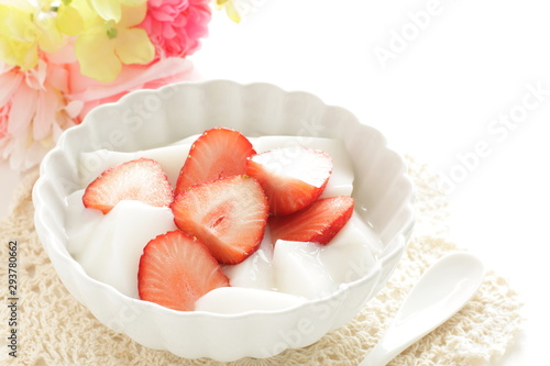 Chinese food, almond tofu and strawberry
