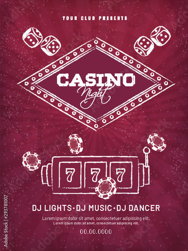 Retro style Casino Night party template design with slot machine and casino chips illustration.
