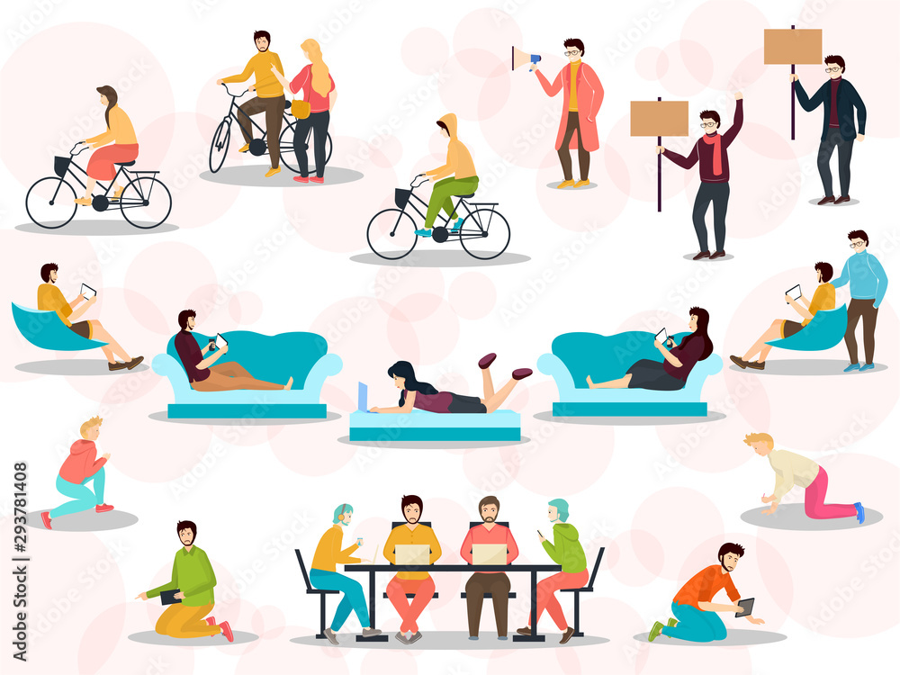 Group of people, male and female performing indoor and outdoor activities. Flat style people character set.