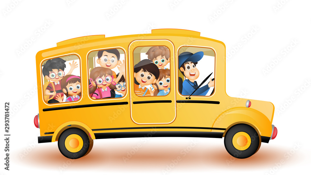 Back to school concept, illustration of school bus with cute kids ...