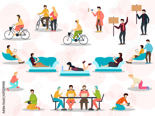 Group of people  male and female performing indoor and outdoor activities. Flat style people character set.