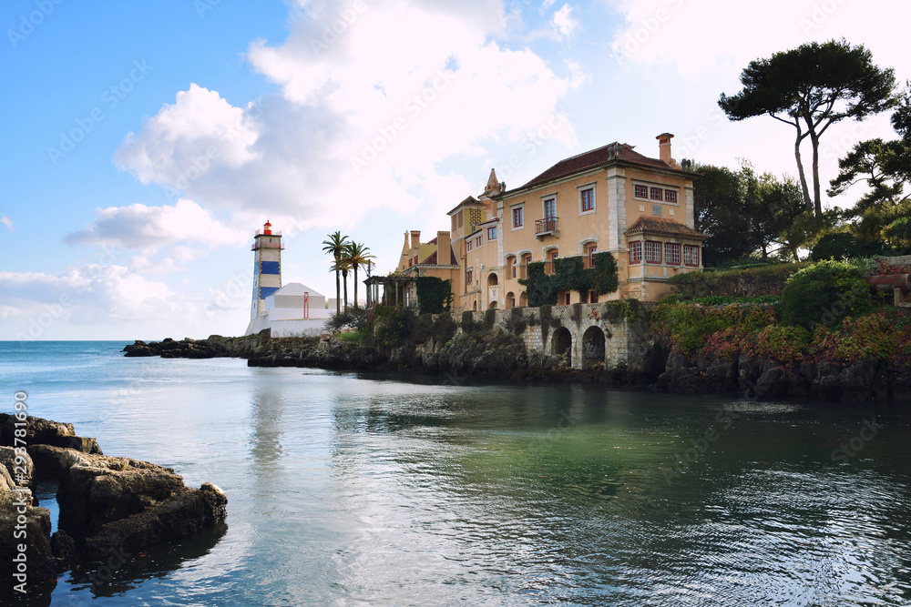 Beautiful view of Cascais ,coastal resort and fishing town, with Santa Maria House and Lighthouse , Portugal