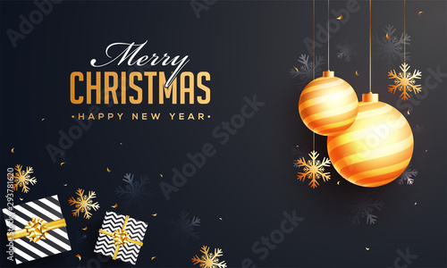 Event celebration concept based poster or template design decorated with hanging baubles and gift boxes on black background for Christmas and New Year.