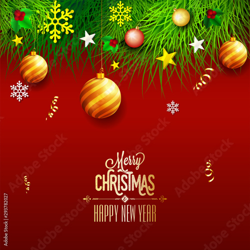 Merry Christmas and Happy New Year greeting card design decorated with green grass  stars and hanging bauble on red background.