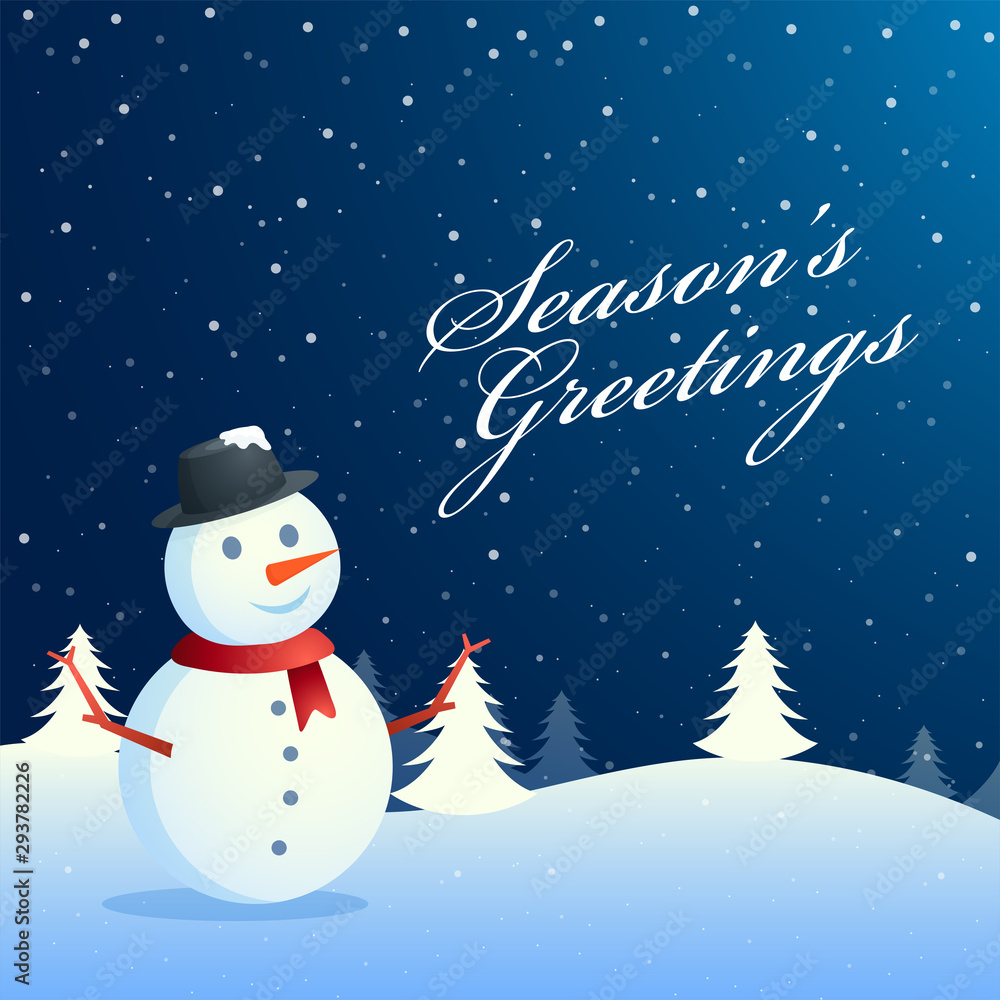 Seasons Greetings background with cute snowman standing on winter landscape. Can be used as greeting card design. Seasons Greetings background with cute snowman standing on winter landscape. Can be used as greeting card design.