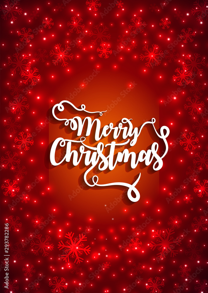 Stylish Merry Christmas lettering on glossy, glowing red background for festival celebration greeting card design.