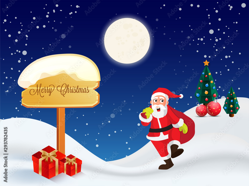 Winter landscape background with santa claus and decorative festival elements for Merry Christmas festival celebration. Winter landscape background with santa claus and decorative festival elements for Merry Christmas festival celebration.