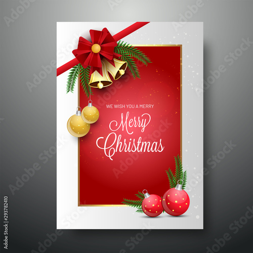 Jingle bells and glossy baubles decorated Merry christmas greeting card design.