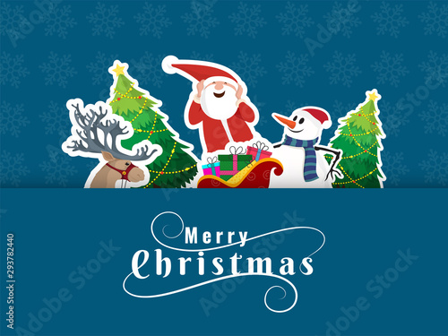 Sticker style decorative festival elements on blue background for Merry Christmas. Can be used as greeting card design.