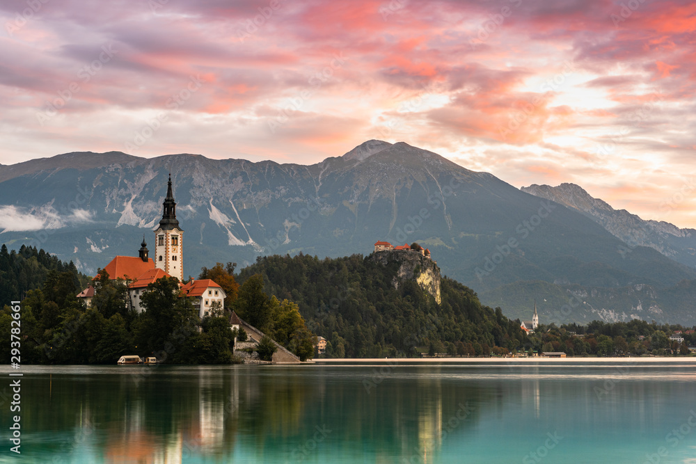 Colorful Clouds over Bled Lake and Church in Slovenia at Sunrise