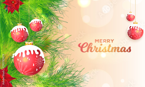 Merry Christmas poster or banner design decorated with green pine leaves and red snow capped baubles on bokeh background.