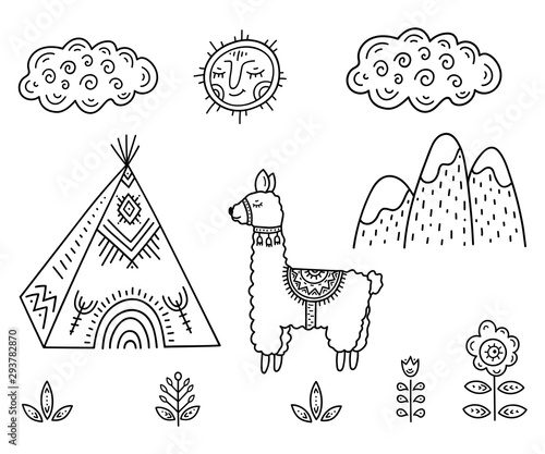 Funny Cartoon children's coloring. Lama about Indian homes Tipi in the mountains among flowers under smiling sun and cloud. Scandinavian style children's drawing. Folk art.