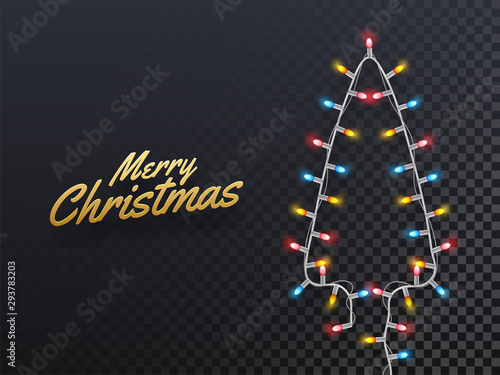 Vector illustration of xmas tree made by illuminated lighting garlands on black png background for Merry Christmas celebration.
