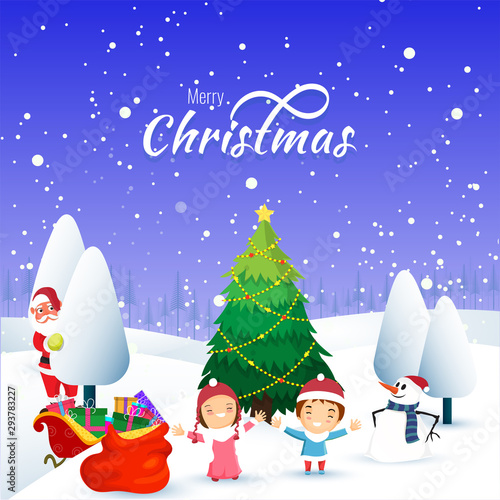 Happy kids and cute santa clause character with gift sack and sleigh on winter landscape background. Can be used as greeting card design.