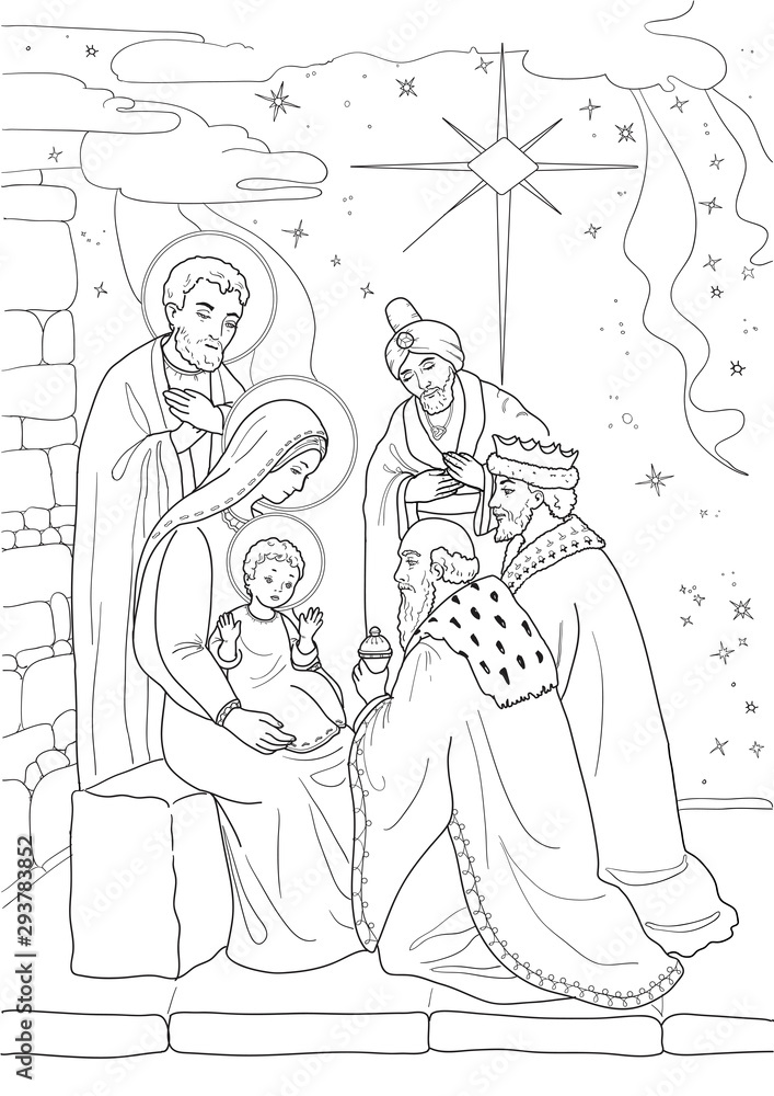 Christmas. Coloring page with baby Jesus, Mary Joseph, three wise men. Black and white.