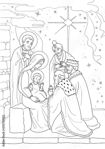 Christmas. Coloring page with baby Jesus, Mary Joseph, three wise men. Black and white.