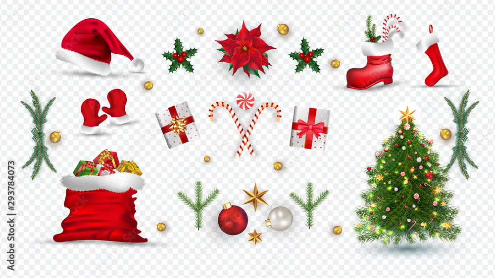 Christmas holidays, realistic icons. - obrazy, fototapety, plakaty 