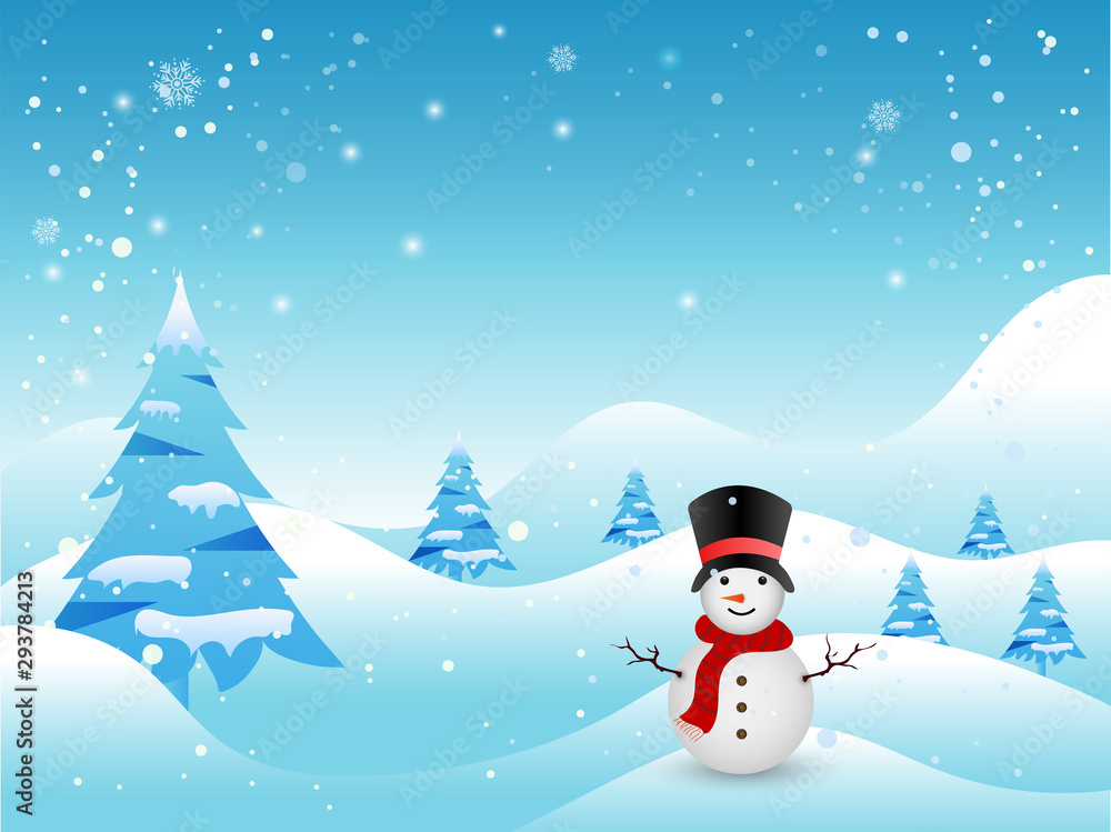 Winter background with snowman and christmas trees.