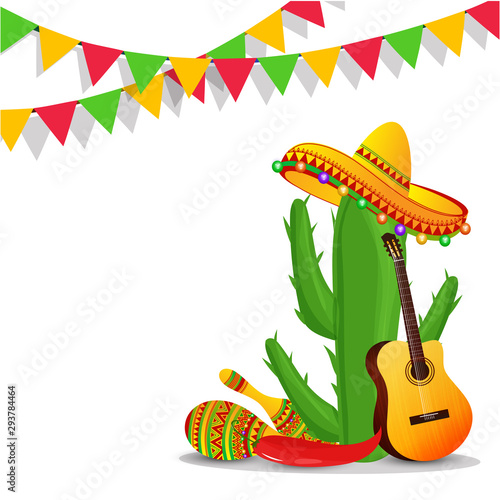 Cinco De Mayo poster or flyer design with cactus wearing hat and holding guitar on white background.