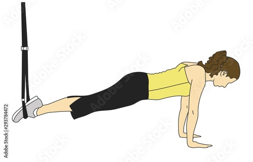 Side view of woman doing TRX tuck knee and pike exercises with a rope isolated on white.