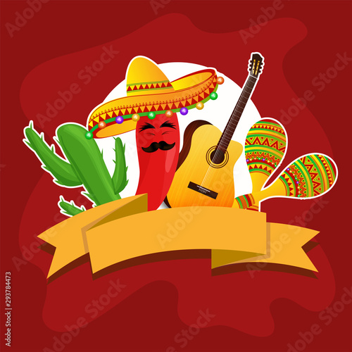 Cartoon character of red chilli wearing sombrero hat and guitar on brown background poster or flyer design. © Abdul Qaiyoom