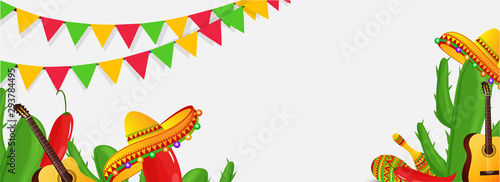 Creative fiesta party header poster or banner design with illustration of guitar, cactus plant and sombrero hat on white background with colorful bunting flag. photo