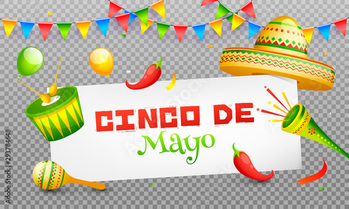 Cinco De Mayo celebration header banner or poster design on png background with music instrument, sombrero hat and red chilli. mexican fiesta party.