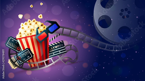 Cinema movie concept based poster or banner design with illustration of Popcorn, 3D Glasses, Tickets and Film Reel on shiny purple background.