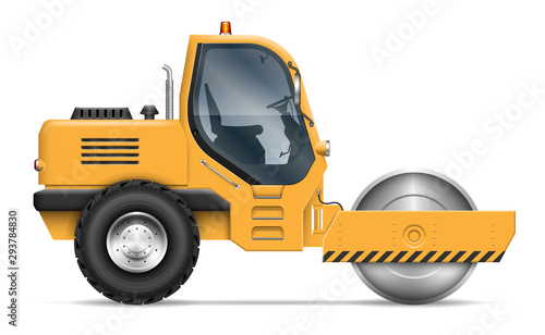 Road roller view from side isolated on white background. Construction and road-building vehicle vector template, all elements in the groups on separate layers for easy editing and recolor
