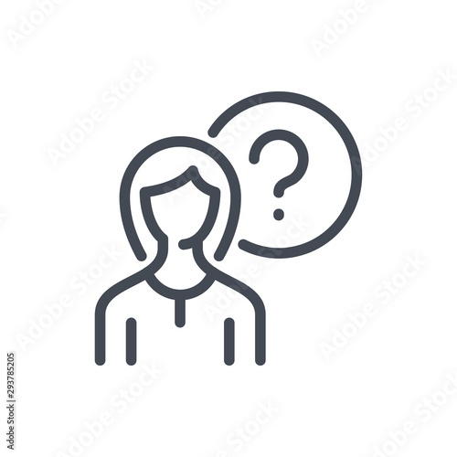 Profile information line icon. Female account with question mark vector outline sign.