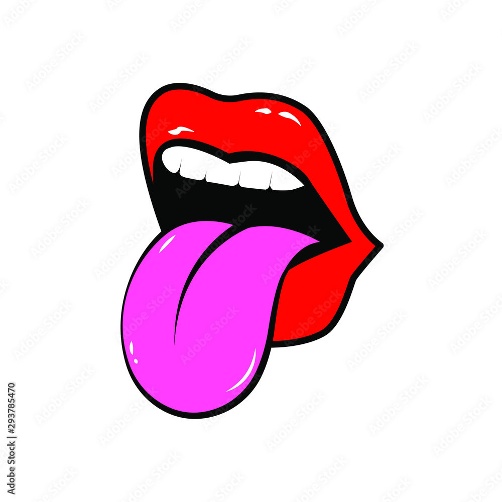 Cartoon illustration of open mouth with red female lips and tongue vector  icon for web. Stock Vector | Adobe Stock
