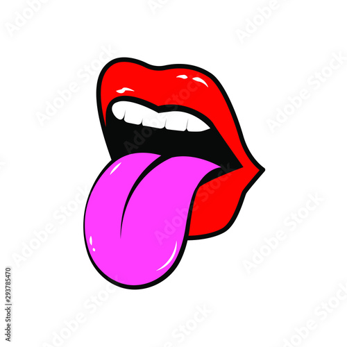 Cartoon illustration of open mouth with red female lips and tongue vector icon for web.