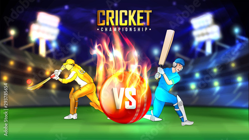 Realistic cricket ball illustration in fire, cricketers in playing action on blurry night stadium background.